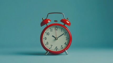Red vintage alarm clock on light blue color background