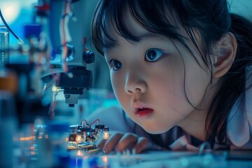 Curious child exploring science and technology with a microscope and glowing circuits.