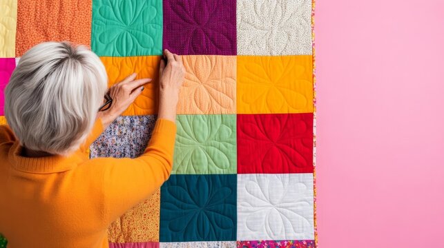 Senior woman designing a quilt with patchwork squares, vibrant fabrics spread around