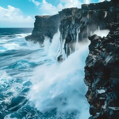 Waves Crashing Against Volcanic Coastal Cliffs