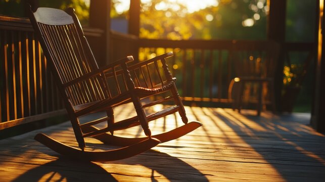 Rustic Rocking Chair on a Porch at Golden Hour