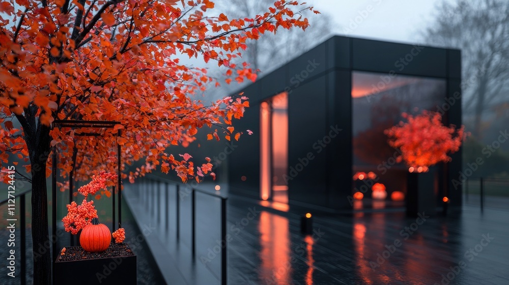 Poster modern building with a black exterior and a tree with orange leaves on the left side. the tree is on