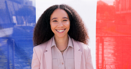 Portrait, business and happy woman with French flag for national pride, support or immigration....