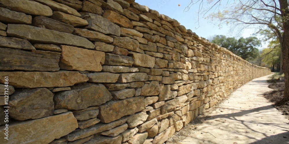 Poster a rustic stone wall built with unevenly sized rocks stretches along a narrow pathway, leading to an 