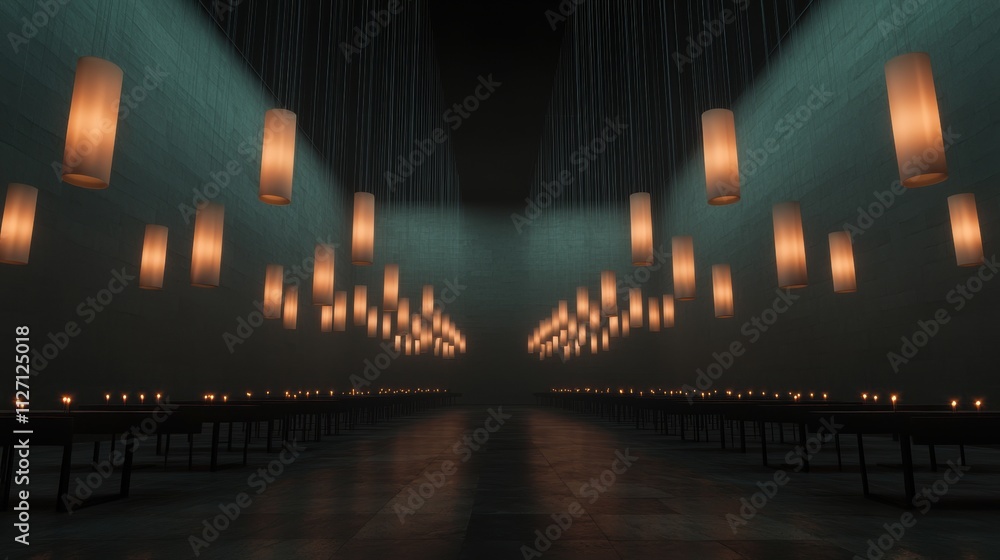 Poster long corridor with rows of tables on either side. the walls are made of concrete and the floor is ma