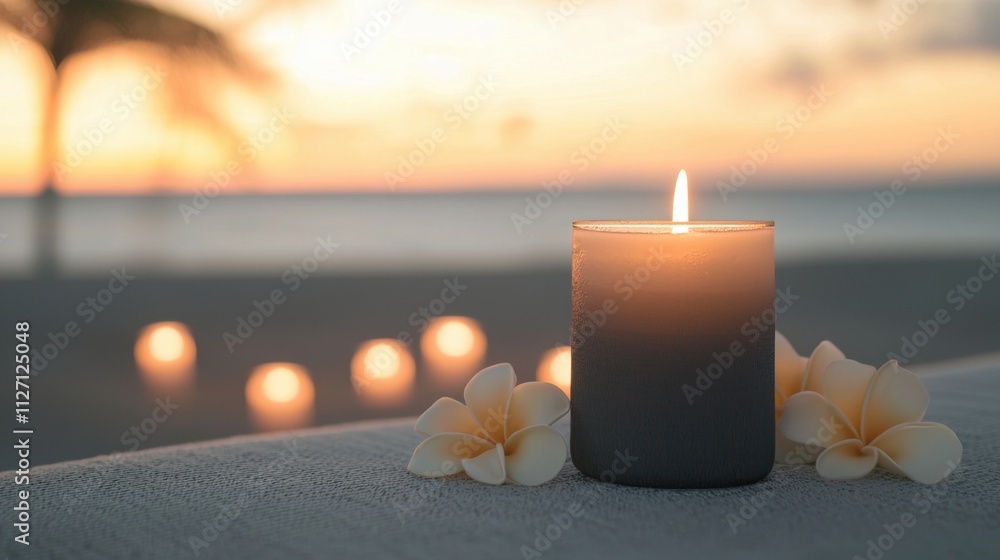 Poster close-up of a candle on a table with a beautiful sunset in the background. the candle is in the cent
