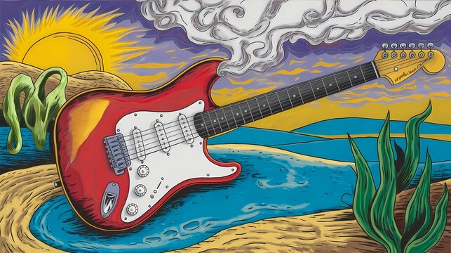 A guitar is in colourful in sand illustration, music, guitar, performance, sound, night, rock, color image, abstract
