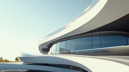 Fototapeta premium Architectural Masterpiece: A Striking Modern Building with Curved Glass Panels