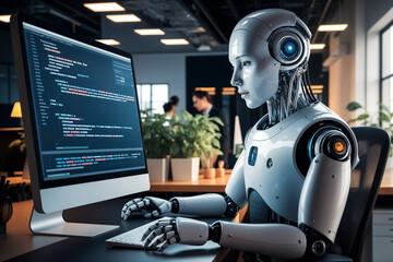 A humanoid robot with artificial intelligence has replaced a programmer in the office and writes code on a computer. The concept of replacing people with robots and AI.