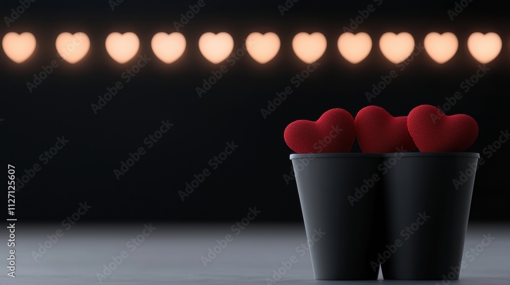 Poster black flower pot with three red heart-shaped objects inside. the pot is placed on a grey surface wit