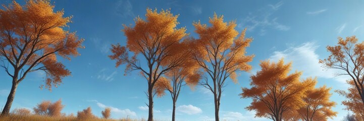 A serene landscape of autumn colors with trees standing tall in the distance, their branches etched against a brilliant blue sky , background, branches