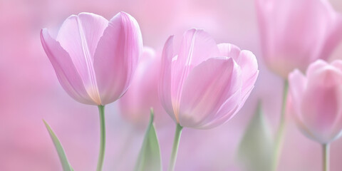 Obraz premium Soft-focus image of pastel pink tulips arranged in a delicate composition, set against a blurry background of light pink tones, creating an elegant floral aesthetic. Copy space
