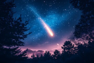 Fototapeta premium A beautiful sight of a comet with a large, bright, long tail falling from the sky in a forest on a dark night with twinkling stars.