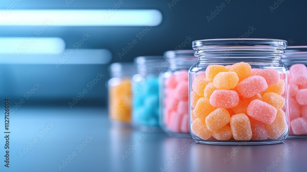 Poster row of glass jars filled with colorful candies. the jars are arranged in a line on a blue surface, w