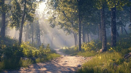 Fototapeta premium Sunlit path through misty forest.