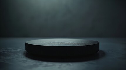 A large, empty stage with a black surface. The stage is devoid of any objects or people, giving it a stark and empty appearance. The darkness of the stage adds to the overall mood