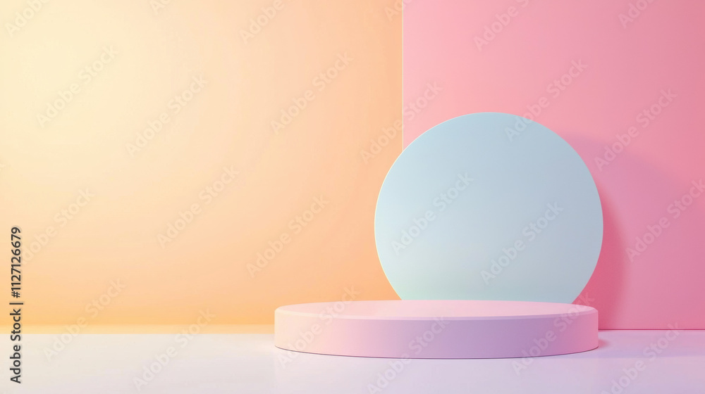 Poster minimalist pastel-colored podium set against a soft gradient background with tones of pink and peach