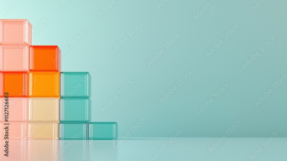 Poster stack of colorful cubes arranged in a vertical line on a light blue background. the cubes are of dif