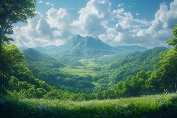 Obraz premium A beautiful open natural landscape aerial view of a wide, tall forest with blue sky and clouds, lots of lush green trees, and mountains in the distance.