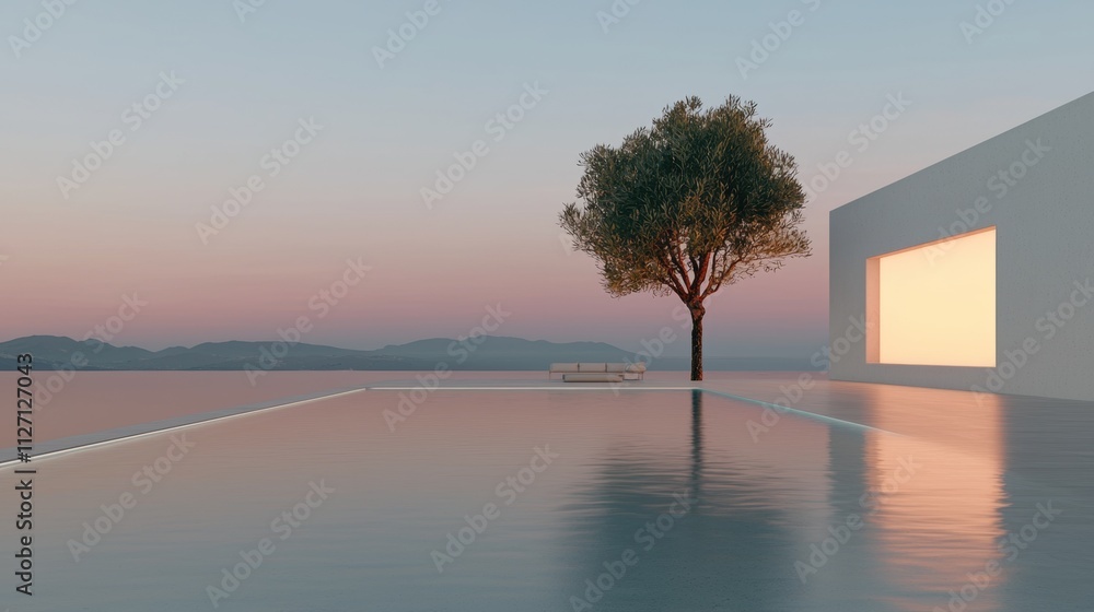 Poster modern minimalist landscape with a large tree in the center. the tree is tall and slender with green
