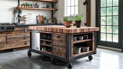 Modern kitchen with a stylish wooden island on wheels.