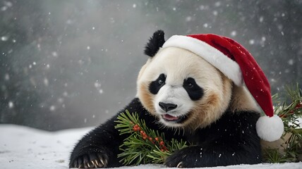 "A panda bear with a Christmas hat sliding off his head."


