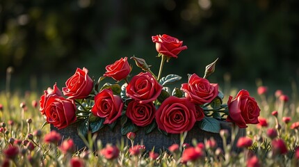 Obraz premium Extreme Macro Close-Up of Red Roses in Meadow.