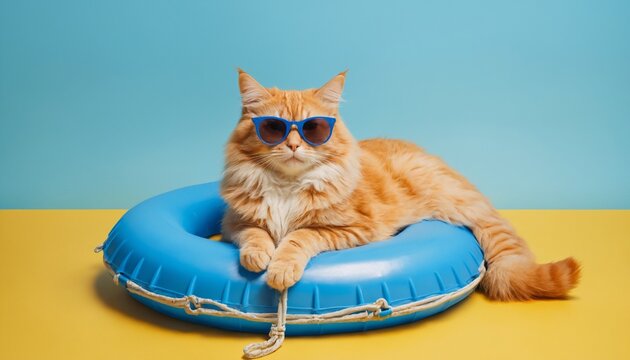 A funny fluffy cat chilling on lifebuoy and wearing sunglasses. A orange fluffy cat sit enjoy chilling , isolated on blue background. Holiday concept, summer time icon