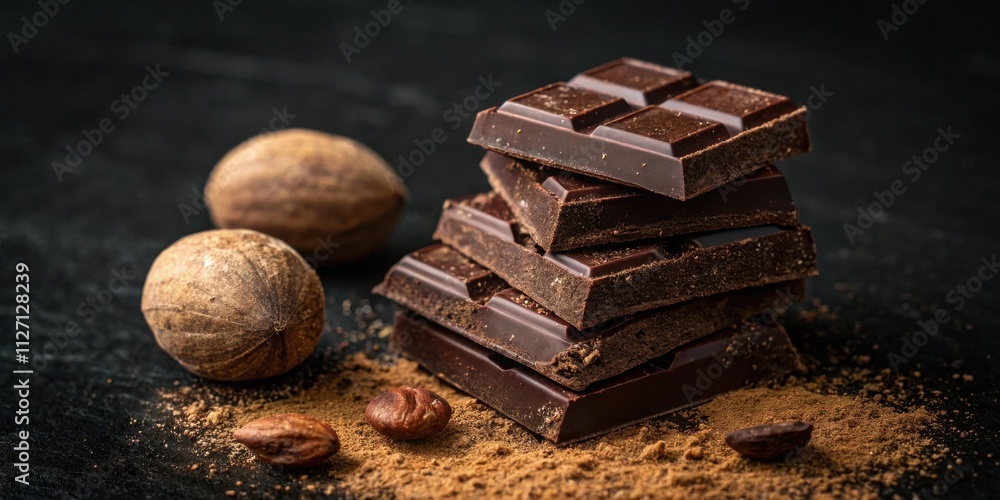 Poster A Stack of Dark Chocolate Bars with Cocoa Powder and Cocoa Beans on a Black Surface