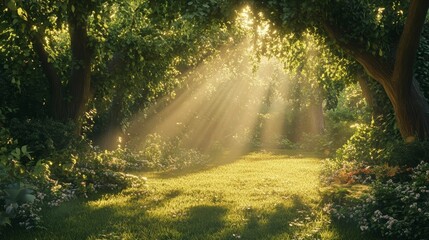 Obraz premium Sunlit forest clearing, lush green grass, dappled light.