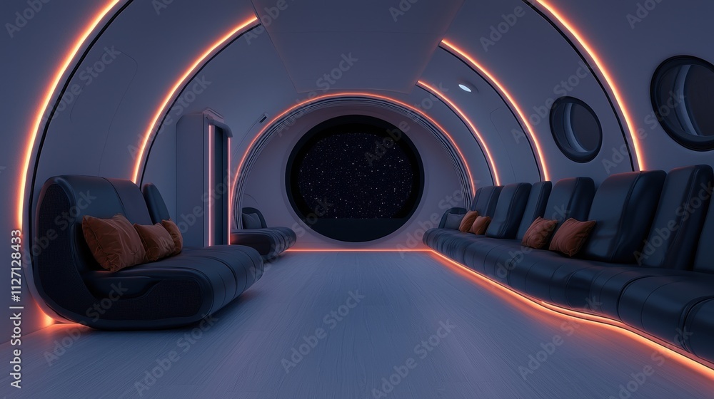 Poster the interior of a futuristic spaceship with a circular window in the center. the window is surrounde