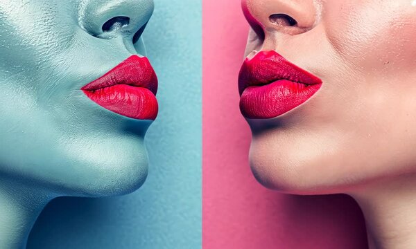 Colorful artistic rendition of two kissing faces One side is blue, and other pink, both with red lips