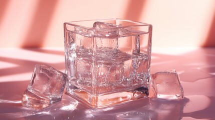 A glass of water with ice cubes on a pink surface, showcasing a refreshing drink.