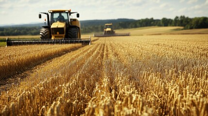 Obraz premium Harvesting Wheat in Golden Fields with Tractors