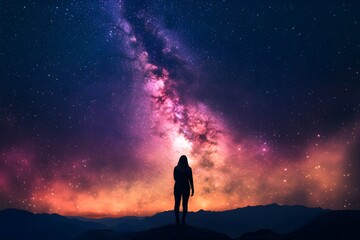 Fototapeta premium An emotional and beautiful photo showing the Milky Way in a dark and beautiful night sky, the stars twinkling, and the silhouette of a person standing on a hill under the sky.