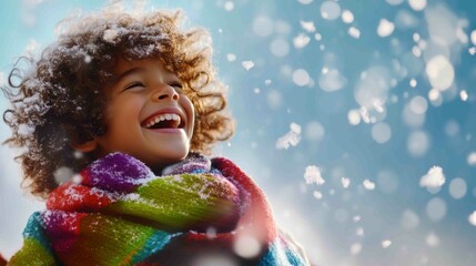 Fototapeta premium Joyful child playing in snow with colorful scarf, winter happiness, perfect for seasonal design