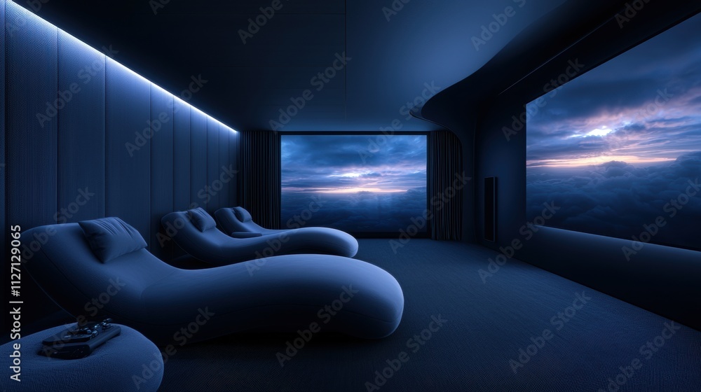 Poster modern and luxurious room with a large window that offers a beautiful view of the sky. the room has 