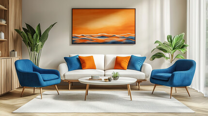 Chic living room with orange and blue armchairs, white sofa, and wooden cabinet in Scandinavian style