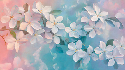 A painting of a branch with white flowers