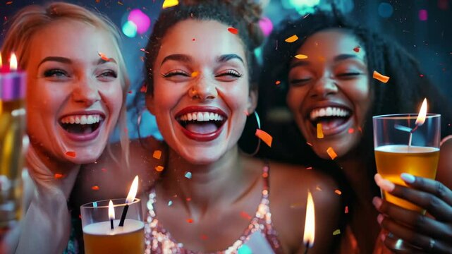 Happy couple celebrating with colorful confetti and raised arms on vibrant background Excited interracial friends
