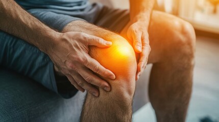 Man experiencing knee pain while sitting in a living room