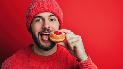 Man happily enjoys a donut against a bright red background