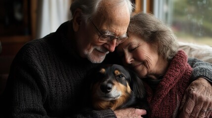 Elderly couple enjoying time with their beloved dog indoors