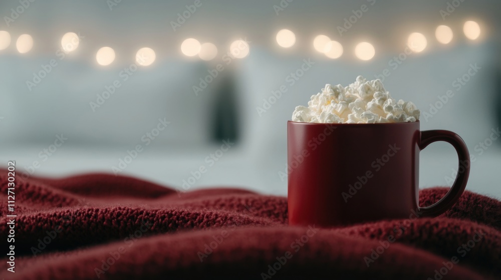 Poster red mug filled with popcorn on top of a red blanket. the mug is placed on a wooden table with a blur