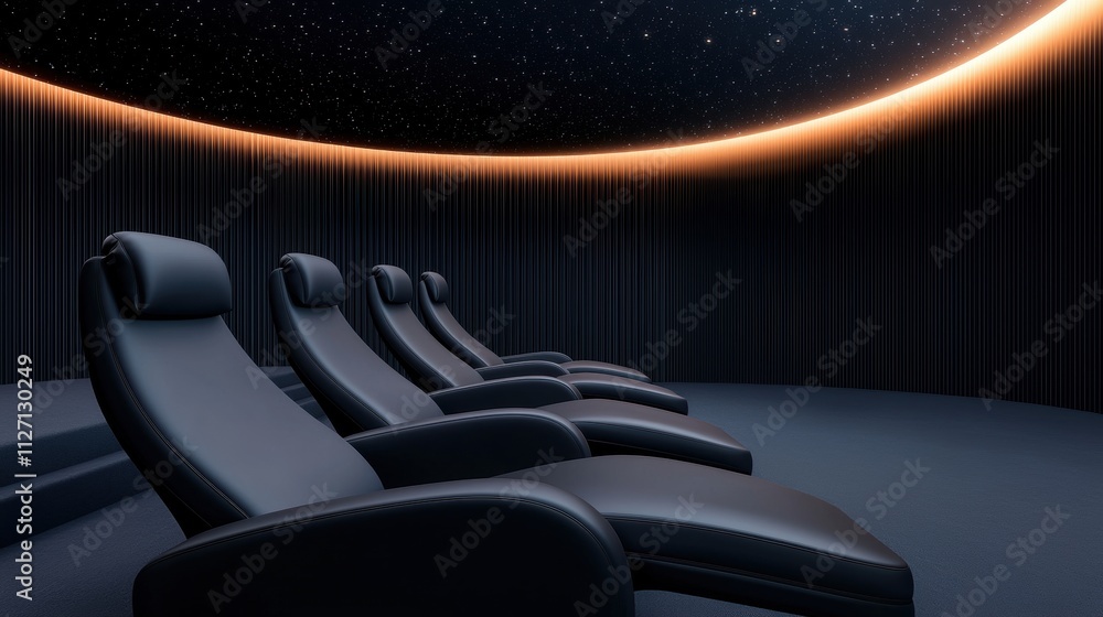 Poster row of black leather reclining chairs in a dimly lit room with a circular ceiling. the chairs are ar