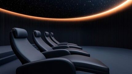 Row of black leather reclining chairs in a dimly lit room with a circular ceiling. the chairs are arranged in a row and are facing towards the right side of the image.
