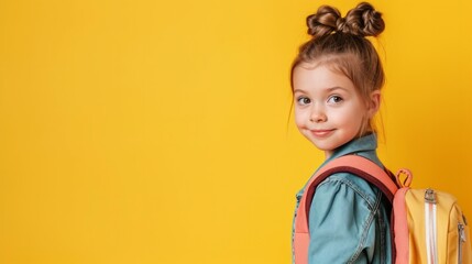Cute girl, a junior school student, stands with a backpack on her back looking at camera getting ready to go to school. Concept of back to school, learning, school times, banner with copyspace