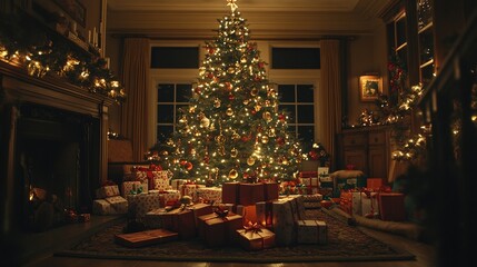 Christmas gift boxes front of a Christmas tree with so many lighting and ornaments in cozy room setting