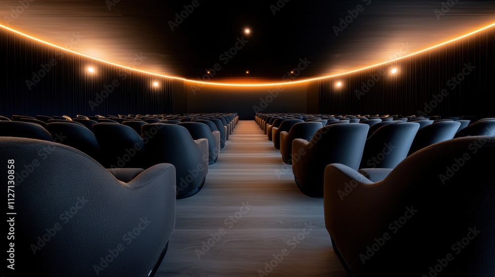 Poster empty movie theater with rows of black armchairs facing the front of the room. the chairs are arrang