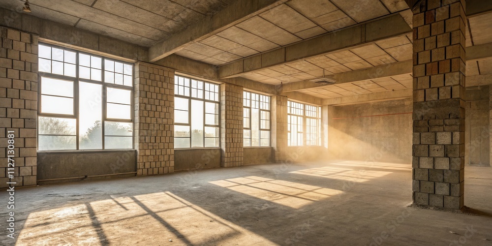 Aufkleber Sunlight streams through large windows illuminating a bare industrial space with exposed beams and brick columns